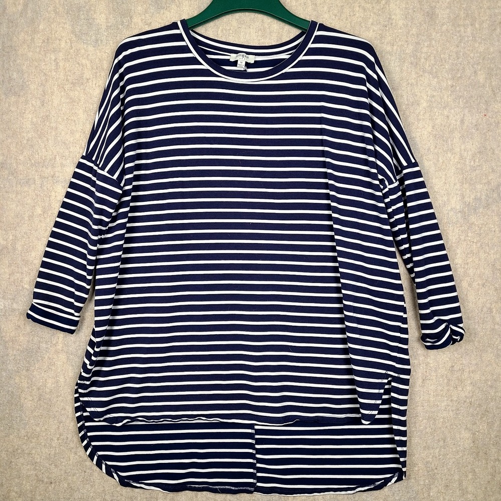 Umgee Women's Top Medium Tunic High-Low Relaxed Oversized Crew Neck Navy Stripe